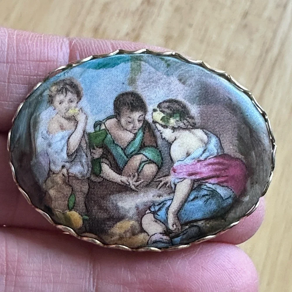 VTG Boys Playing Dice Art Print Brooch Pin 1.75 Inch Milk Glass Gold‎ Tone Frame